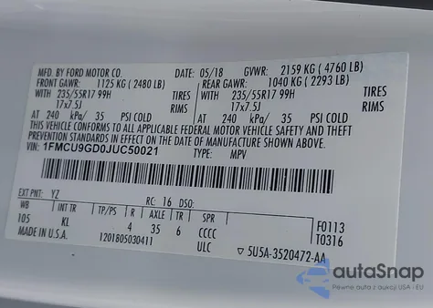 2018 Ford Escape Se from USA, damaged, VIN 1FMCU9GD0JUC50021